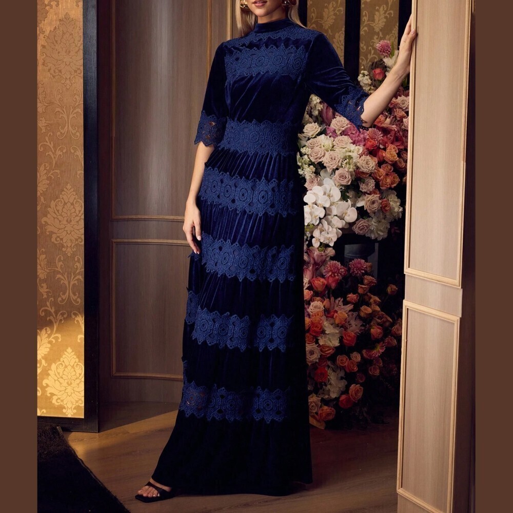 Navy Blue Velvet Lace Trim Tiered Stand Collar Maxi Dress
